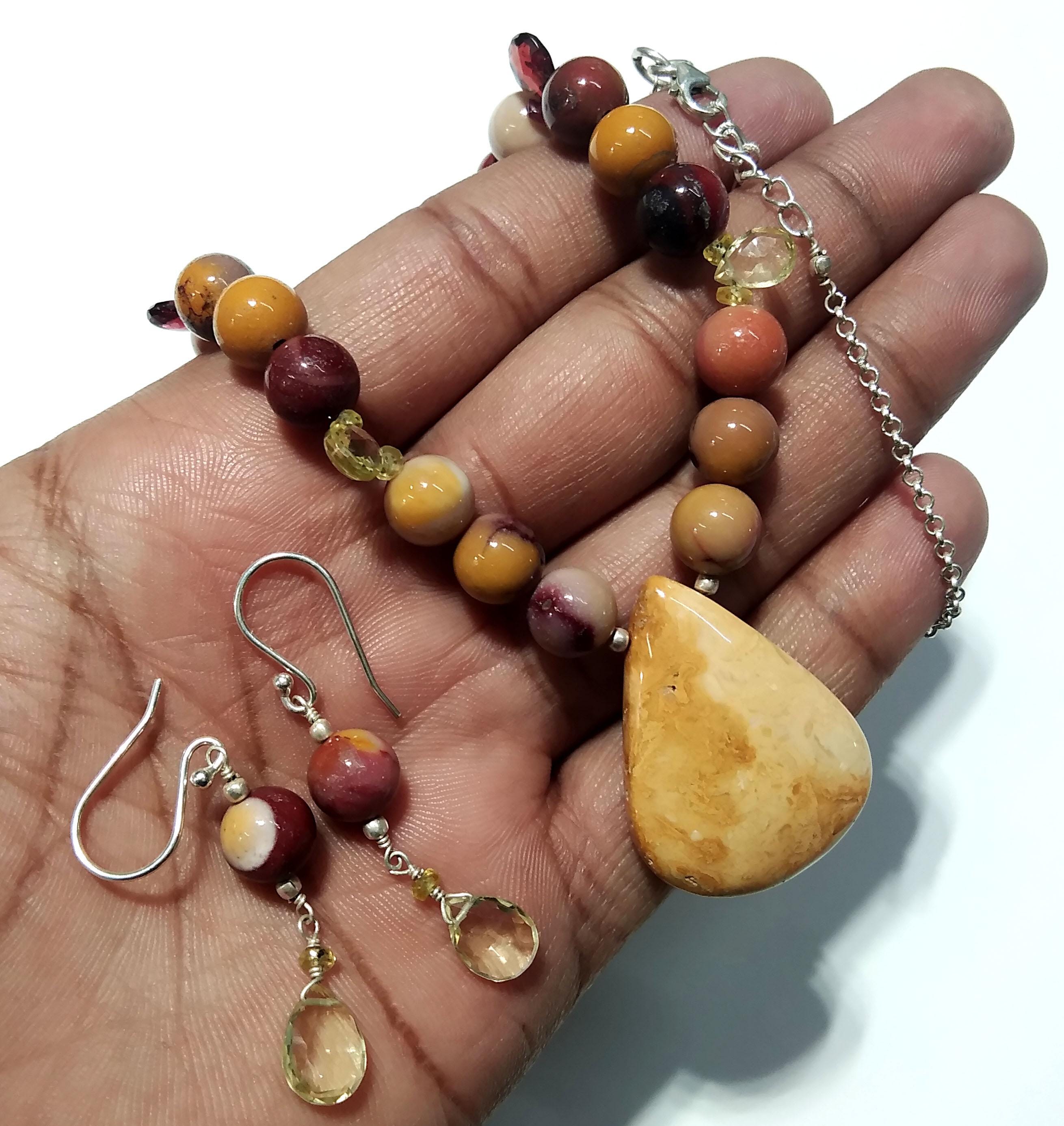 Very Good Natural Mookaite/Lemon Quartz Stone Beads Necklace Set Jewelry, 925 Sterling Silver Necklace Beaded Necklace Statement For Gift